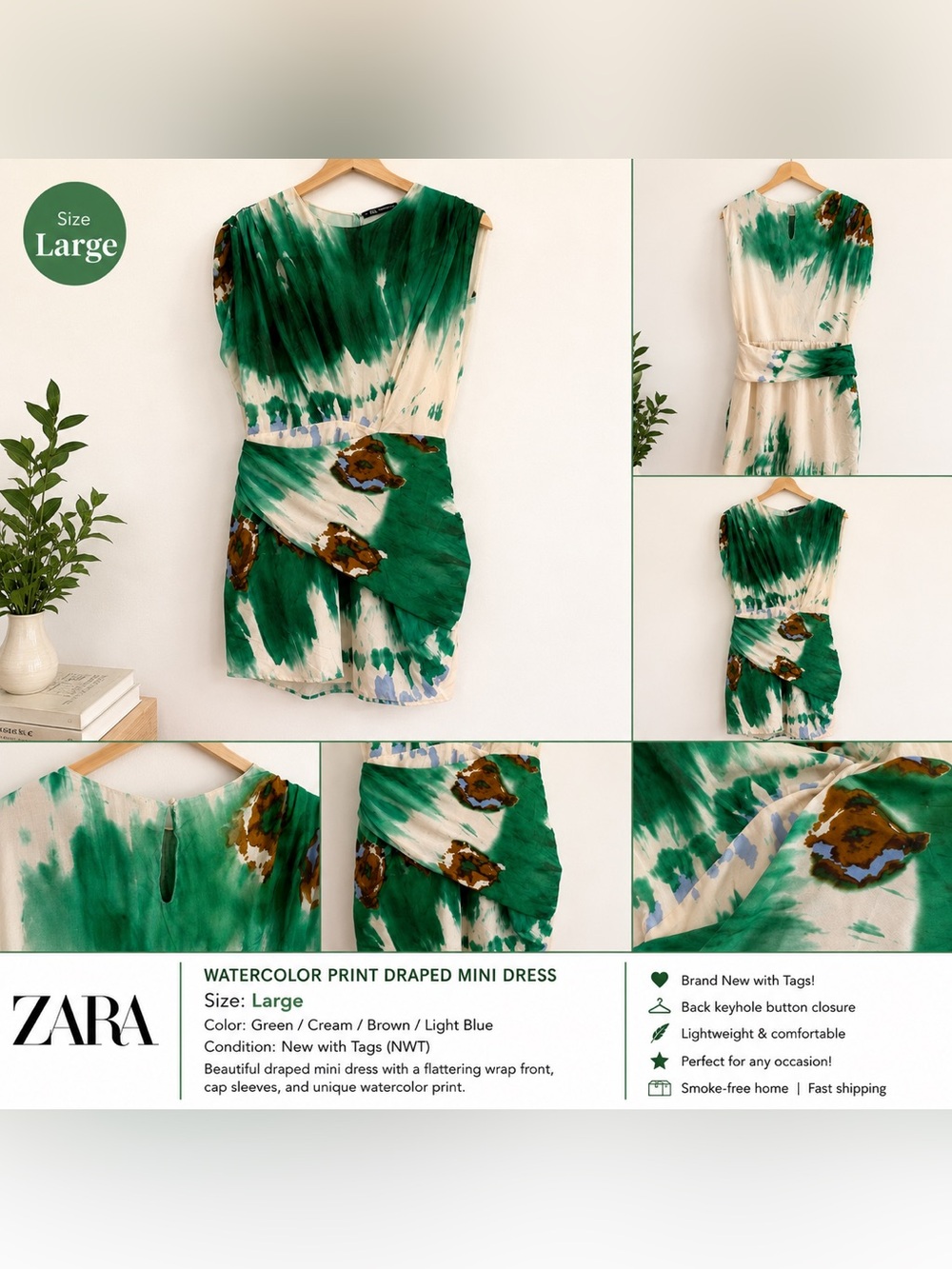Zara Green, Cream & Brown Watercolor Draped Dress